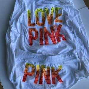 Rare Victoria Secret PINK Ombré Rhinestone Logo Zipper Hoodie Shorts Set White - Picture 1 of 11