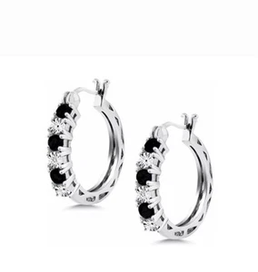 STERLING SILVER 925 BLACK & WHITE SAPPHIRE HOOP WOMEN'S EARRINGS 20MM - Picture 1 of 4