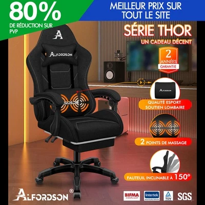 ALFORDSON Massage Bureau Fauteuil Gaming Exécutif Siège Tissu en Lin Ordinateur