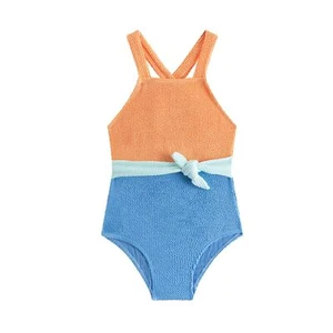 Girls One Piece Swimsuit Color Block Ribbed Tie Side Bow Beach Bathing Suit - Picture 1 of 8