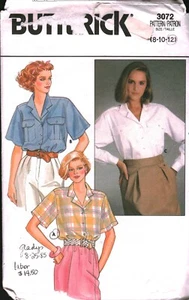 3072 Vintage Butterick Sewing Pattern Misses 1980s Loose Fitting Shirt Button Up - Picture 1 of 2