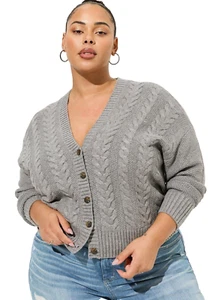 TORRID ( 00X ) Cable Cardigan V-Neck Drop Shoulder Sweater Grey Knited Buttons - Picture 1 of 4