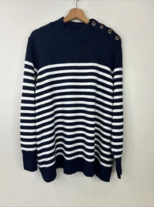 Chaps Women’s 3X Navy White Stripe Button Shoulder Detail Soft High Neck Sweater - Picture 1 of 12