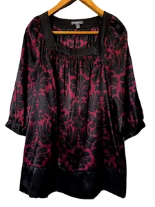 apt 9 Tunic Blouse Womens M Satin 3/4 Sleeves Black & Maroon Damask Square Neck - Picture 1 of 6