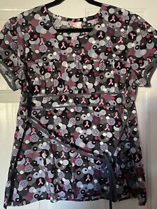 Women's White Cross Breast Cancer Pink Heart/Ribbon Scrub Top Size Large