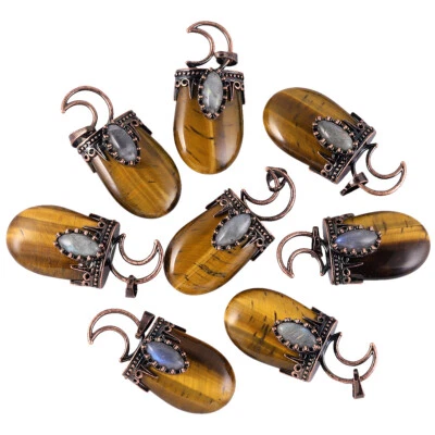 Bronze 6pcs Natural Tiger Eye Stone Moon Pendant Bead Energy Reiki Healing - Image 1 of 4