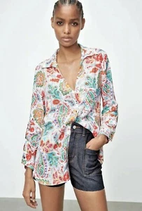 NWT Zara Womens Multicolor Floral Paisley Roll Tab Sleeve Button Up Shirt Size L - Picture 1 of 13