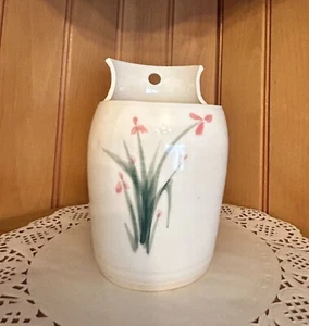 Vintage Artist Signed White Pottery Wall Pocket Holder Floral Pink Green Kitchen - Picture 1 of 14