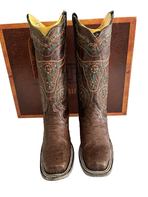 Botas de avestruz exóticas CORRAL BORDADAS punta cuadrada para mujer 7,5 cabeza de dirección occidental Foto 1 de 4