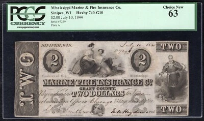 1844 $2 MISSISSIPPI MARINE & FIRE INSURANCE CO. SINIPEE, WI OBSOLETE PCGS UNC-63 - Image 1 of 2
