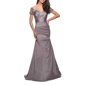 La Femme 25996 Schulterfreies Perlen Satin Trompetenkleid Silber Gr. 10 Neu mit Etikett $ 498 - Bild 1 von 8