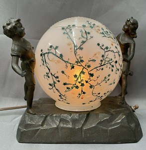 Bronze Art Deco Table Glass Globe Lamp Dancing Children Germany