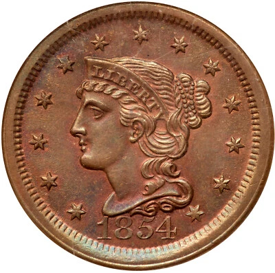 1854 N-11 R-2 NGC MS 64 RB Braided Hair Large Cent Coin 1c - Image 1 of 3