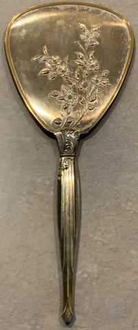 Antique Ornate Hand Held Vanity Beveled Mirror Gold Tone Floral Design 14" Cover