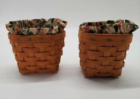 Lot of 2 Longaberger Club Hanging Miniature Baskets W Fabric Liners & Protectors Cover
