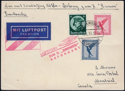 Dt. Reich 1933 Nachbringeflug Essen Köln Dampfer Bremen Montreal Kanada / 763 - Bild 1 von 2