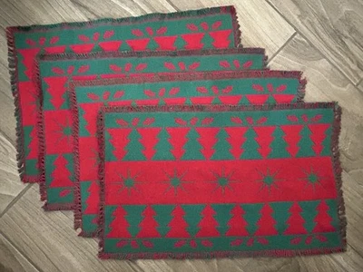 4 VTG 80s Woven Tapestry Holiday Placemats Christmas Tree Fringed Retro Cottage — 第 1/4 张图片