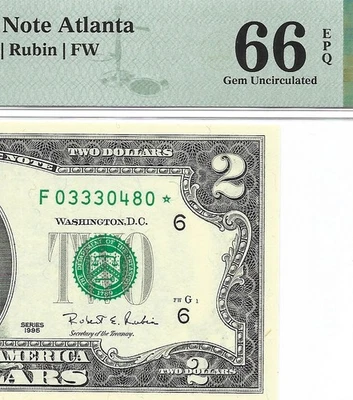 1995 $2 ATLANTA * STAR * ⭐️ FRN. PMG GEM Uncirculated 66 EPQ Banknote. 2nd of 2 - Image 1 of 3