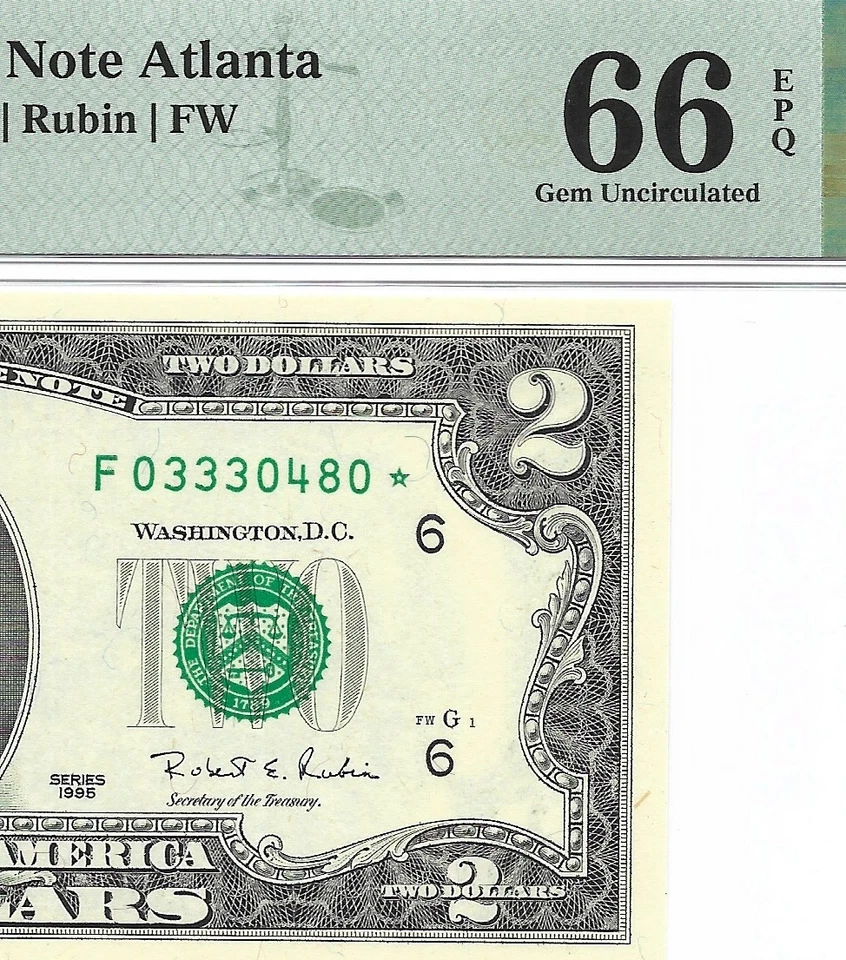 1995 $2 ATLANTA * STAR * ⭐️ FRN. PMG GEM Uncirculated 66 EPQ Banknote. 2nd of 2 - Image 1 of 3