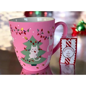NEW Peppermint & Pine White Cats & Christmas Tree 18oz Satin Pink Coffee Tea Mug - Picture 1 of 4