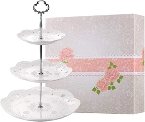 3-Tier Porcelain Cupcake Stand Serving Tray - White Embossed Elegant Dessert Cak - Picture 1 of 12