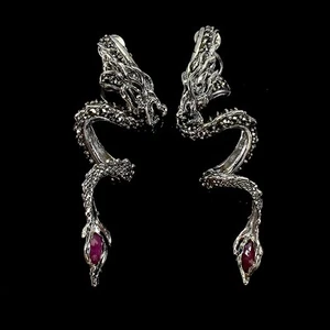 Summer 925 Sterling Silver Earrings Marquise Ruby 8x4mm Marcasite Jewelry Dragon - Picture 1 of 14