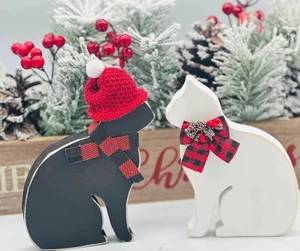Christmas Cats Rustic SET OF 2 Black and White Buffalo Plaid Tiered Tray Decor - Picture 1 of 6