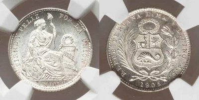 Lustrous 1905 JF Small Size Silver Coin Republic of Peru One Dinero NGC MS 66 - Image 1 of 3