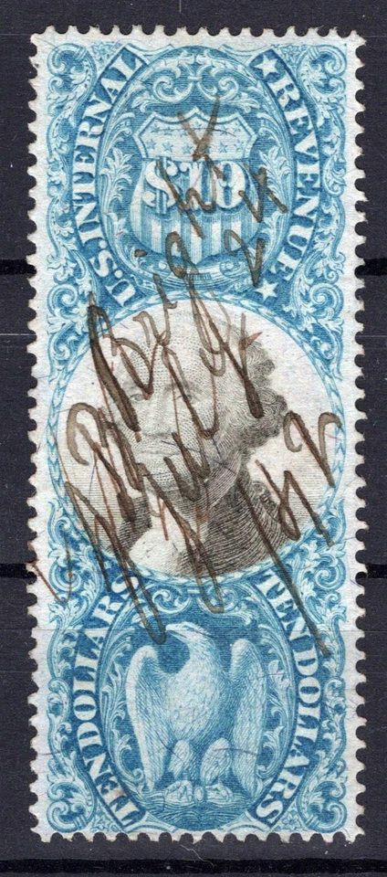 US R128 Used FVF $10 black & blue Documentary Revenue, thins ZAYIX 0825SB1747 - Image 1 of 2
