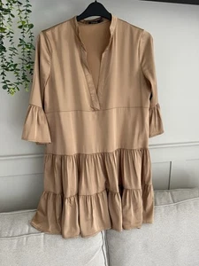 Flute sleeve soft Sheen dress size 14 Champagne Light Beige Gold - Picture 1 of 7