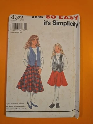 SIMPLICITY PATTERN 8709 GIRLS' SKIRT IN TWO LENGTHS & LINED VEST / Size 7-14 - Image 1 of 3