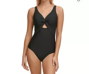 DKNY One Piece Swimsuit Black Size 16 Peekaboo Twist Detail Low-Back Logo NWT - Picture 1 of 9