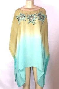 KYRA BRAND TURQUOISE BEADED NECKLINE 100% POLYESTER CREPE PONCHO SIZE LARGE - Picture 1 of 5