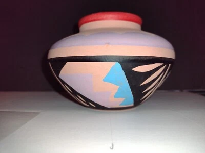 Mini vaso tigela nativo americano do sudoeste pintado à mão assinado 2-3/4"tx4" #1-E - Imagem 1 de 4