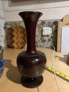 11” Lathe Turned Lacquered Wood Vase,black over red - Picture 1 of 6