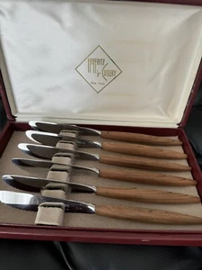 Hoffritz  England Set of 6 Knives Stainless Flatware Teak Handles - Picture 1 of 2