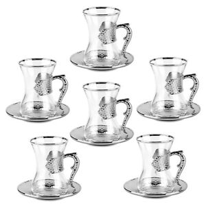 6pc Turkish Tea Glass Set SilverTeacups Saucers Zamzam Cups Glasses Armudu