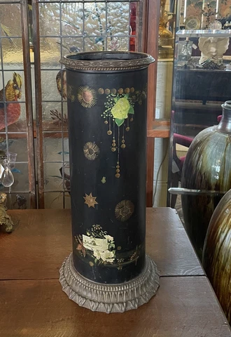 Antique Tole Metal Fornasetti Style Hand Painted Cylindrical Umbrella Stand Cover