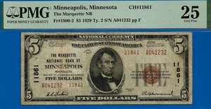 1929 $5 The Marquette National Bank Minneapolis, Minnesota CH# 11861 PMG 25 raro - Foto 1 di 3
