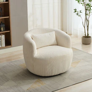 34.25" Swivel Accent Chair Corduroy Barrel Chair Armchair 360° Metal Base Ivory - Picture 1 of 8