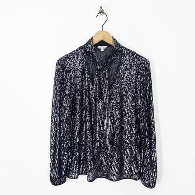 Top Monzón Dani Lentejuelas Cuello Corbata Talla L 16 18 Negro Gris Plata Festivo Navidad Foto 1 de 4