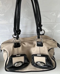 Mimco Cream & Black Metal Button Zip Top Genuine Leather Shoulder Bag - Picture 1 of 5