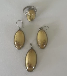 3 piezas de resina vintage y flores pintadas a mano en plata de ley - ER, colgante, anillo - Imagen 1 de 6