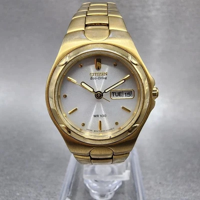 Citizen eco-Drive WR 100 relógio feminino 26mm mostrador prateado tom dourado data do dia corridas - Imagem 1 de 4