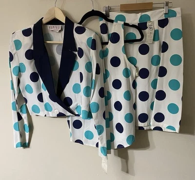 Vintage RAMPAGE 80-90’s Blue Polka Dot 3 Pc Set Cropped Jacket Skirt Tank USA S — 第 1/4 张图片