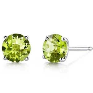 Peridot Stud Earrings 14KT White Gold Round Shape 1.75 Carats - Picture 1 of 5