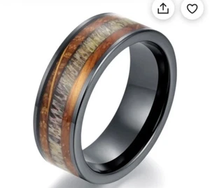 Whisky Barrel Wood Antler Mens Wedding Band - Picture 1 of 4
