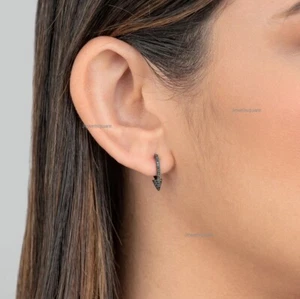 Studded Natural Black Diamond Spike Hoops Earrings 14k Yellow Gold Spike Huggies - Picture 1 of 3