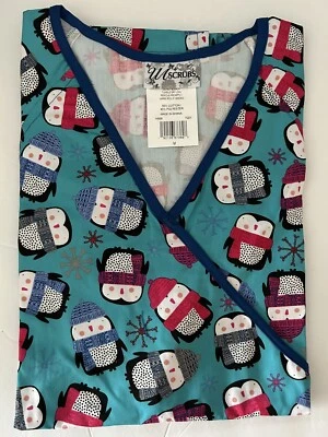 UA Scrubs Uniform Advantage Winter Penguins Pattern Teal Wm Medium Scrub Top - Image 1 of 2