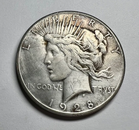1928-P Peace Silver Dollar KEY DATE Authentic US Coin 90% Silver XF+/AU~ Cover